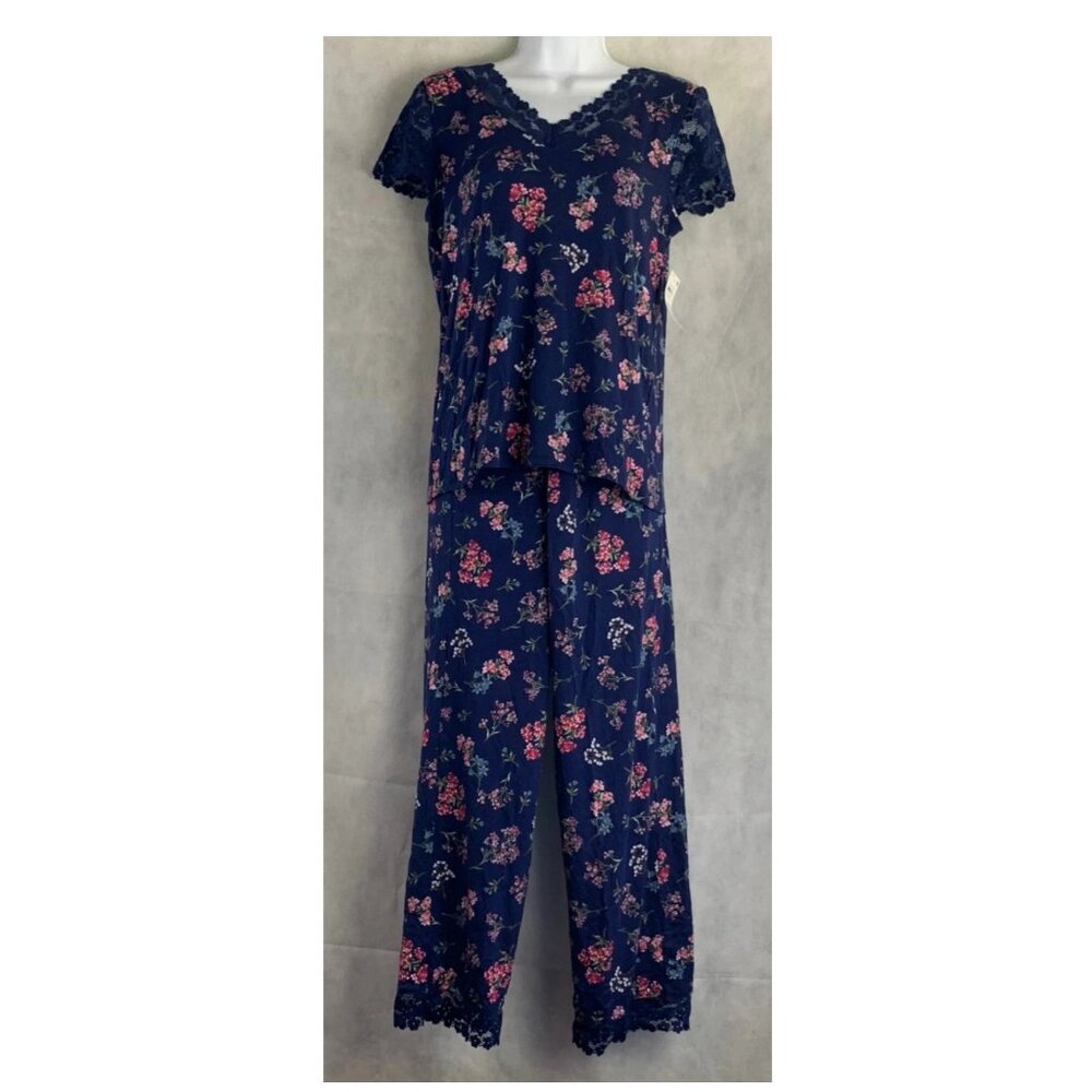 Charter Club Women's 2-Piece Soft Knit Pajama Set, Navy Blue Floral, XS